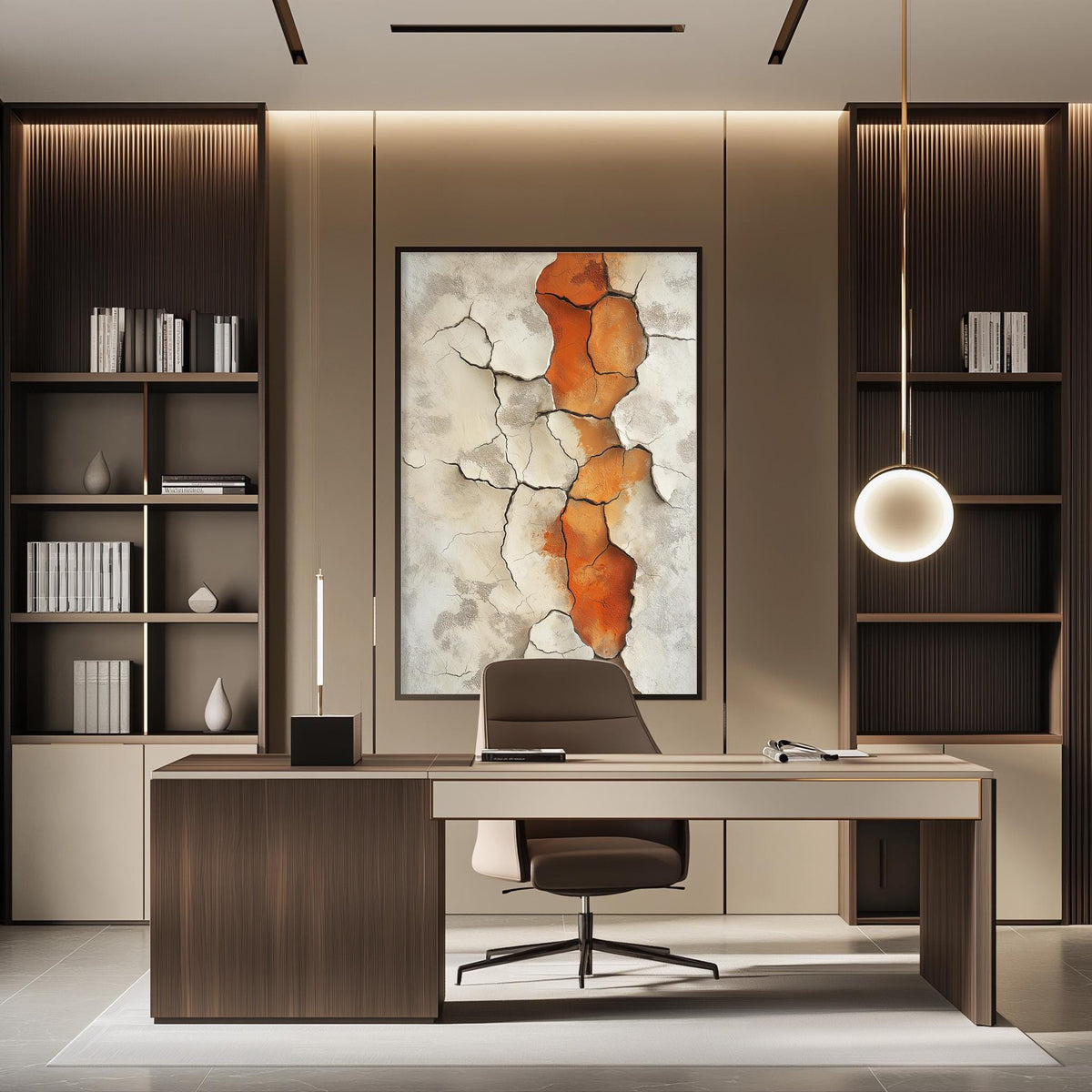 a modern and minimalist office space with a large abstract painting on the wall, a wooden desk with a chair, and built-in bookshelves.