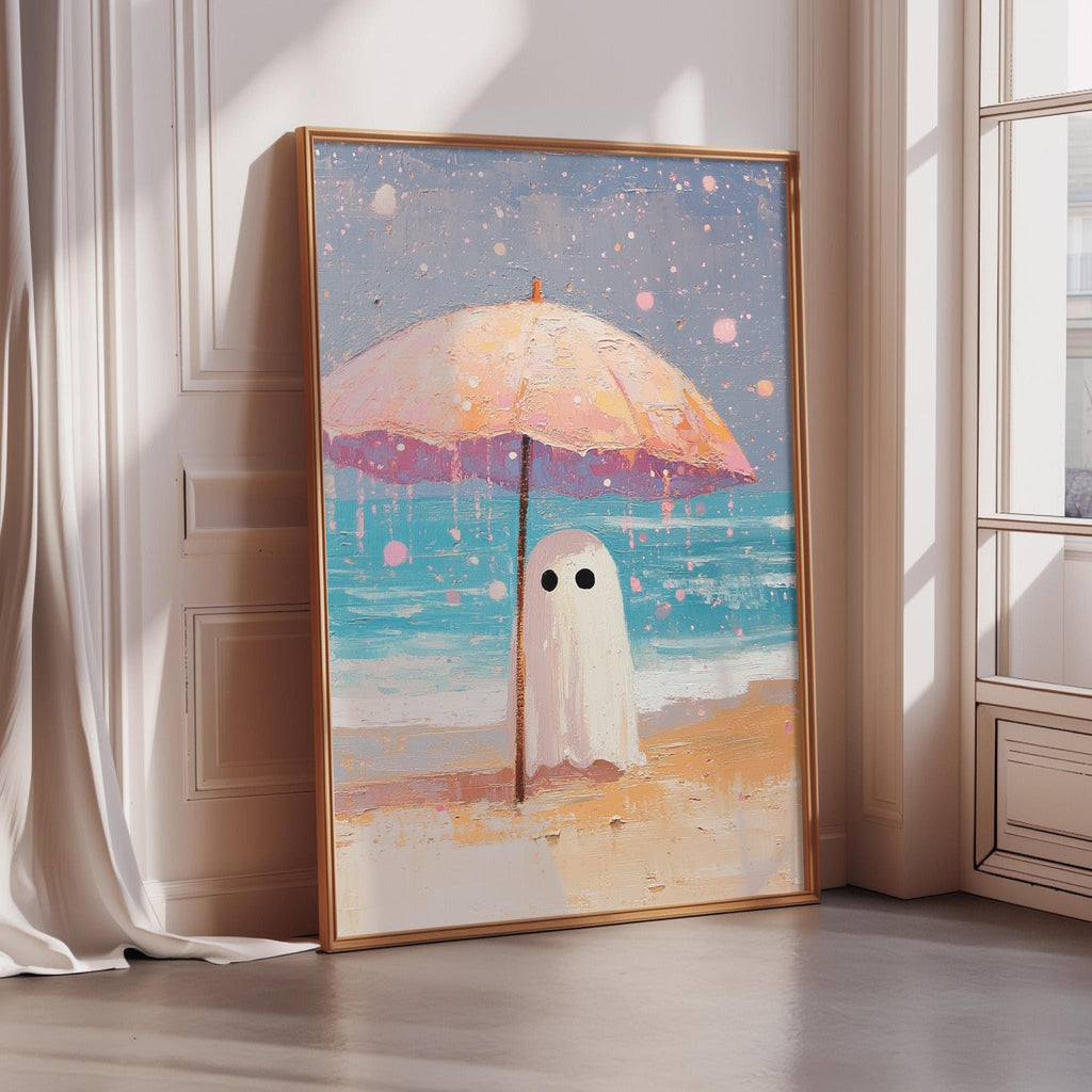 a painting of a ghost standing on a beach under an umbrella, with the ocean in the background.