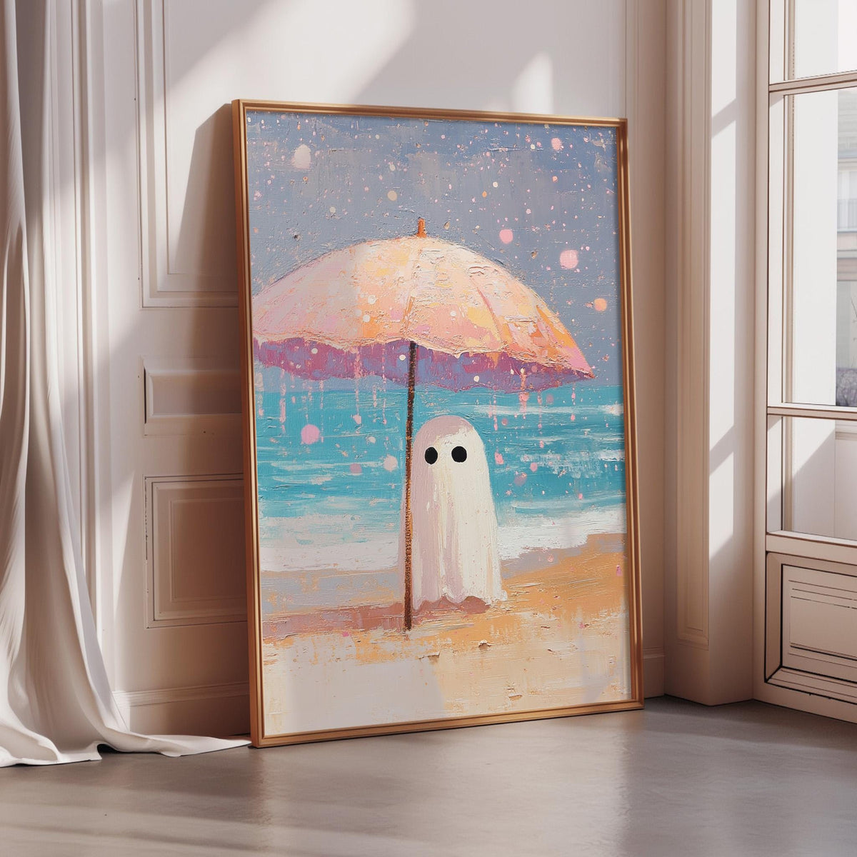 a painting of a ghost standing on a beach under an umbrella, with the ocean in the background.