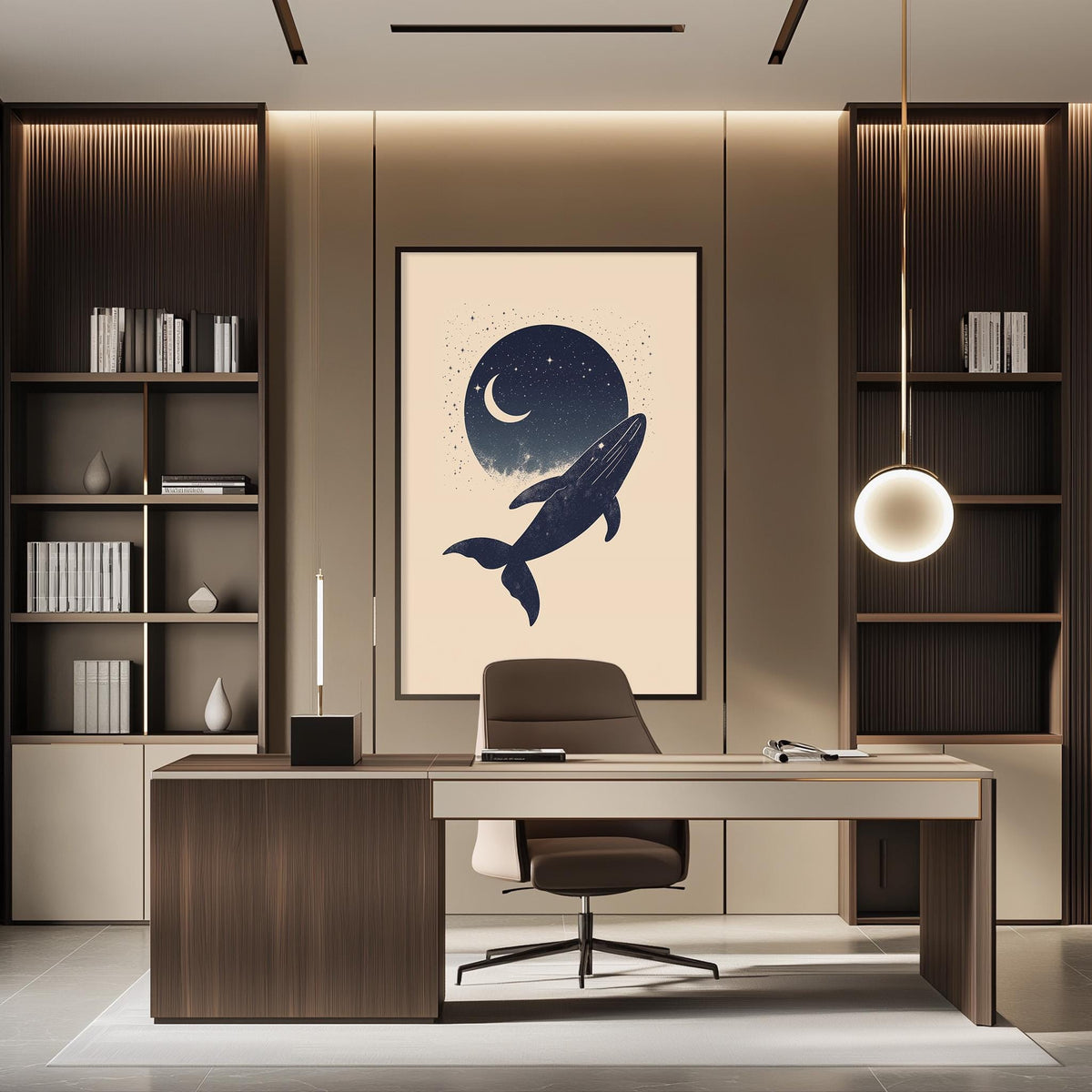 a modern and minimalist office space with a large whale illustration on the wall, a wooden desk, and a comfortable-looking chair.