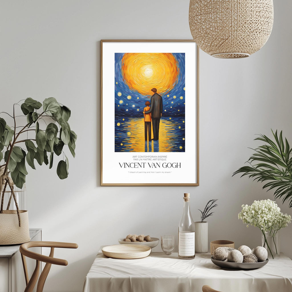 a framed painting of Vincent van Gogh's "Starry Night" hanging on a wall, with a dining table and chairs in the foreground.