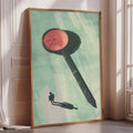 a large framed poster with a striking design of a clock and a shadow of a person.