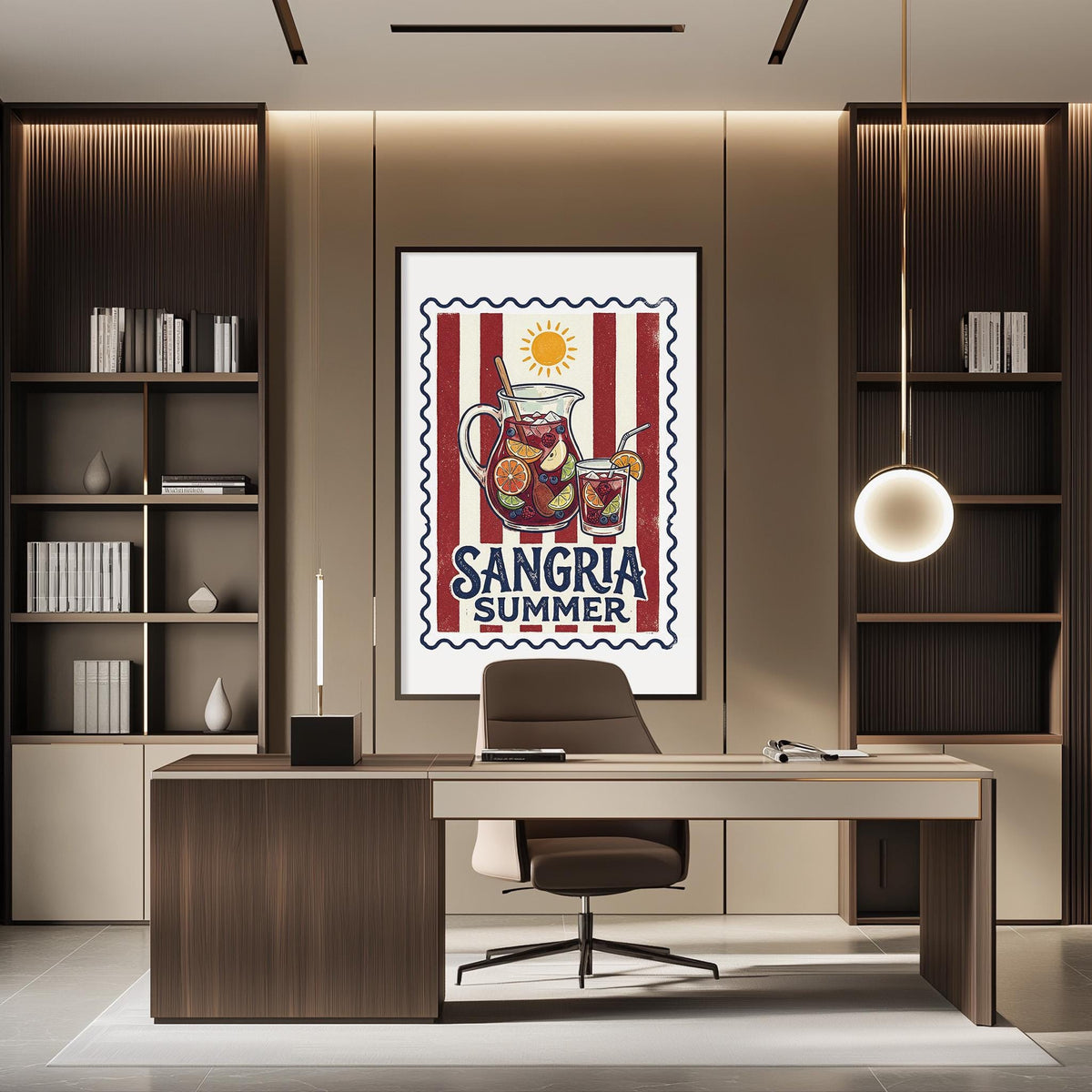 a modern office space with a large framed poster of a summer-themed drink on the wall, a desk with a chair, and a bookshelf filled with books.
