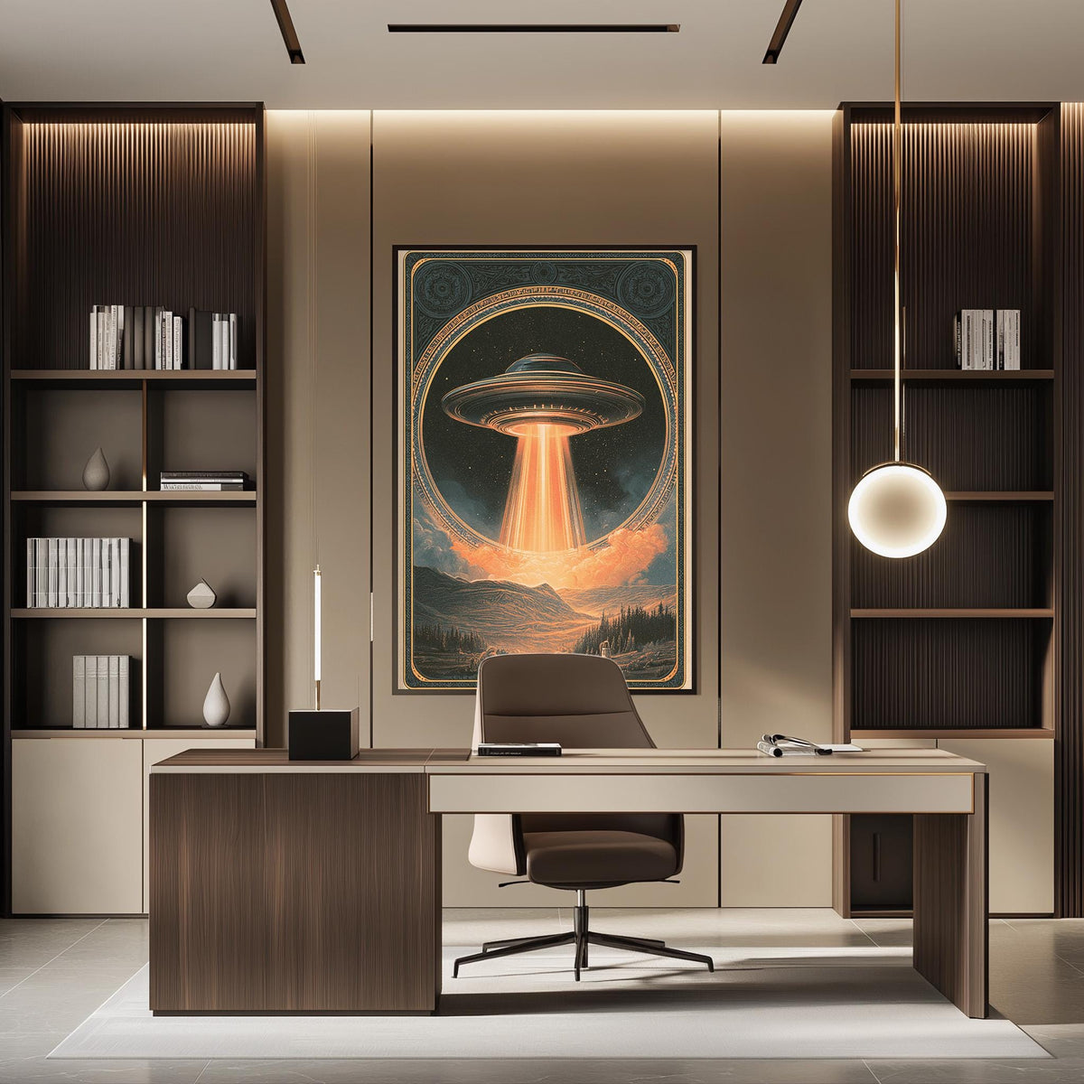 a modern office space with a large framed poster of an alien spacecraft hovering over a mountainous landscape. The office features a desk with a chair, bookshelves, and a pendant light, creating a professional and stylish atmosphere.