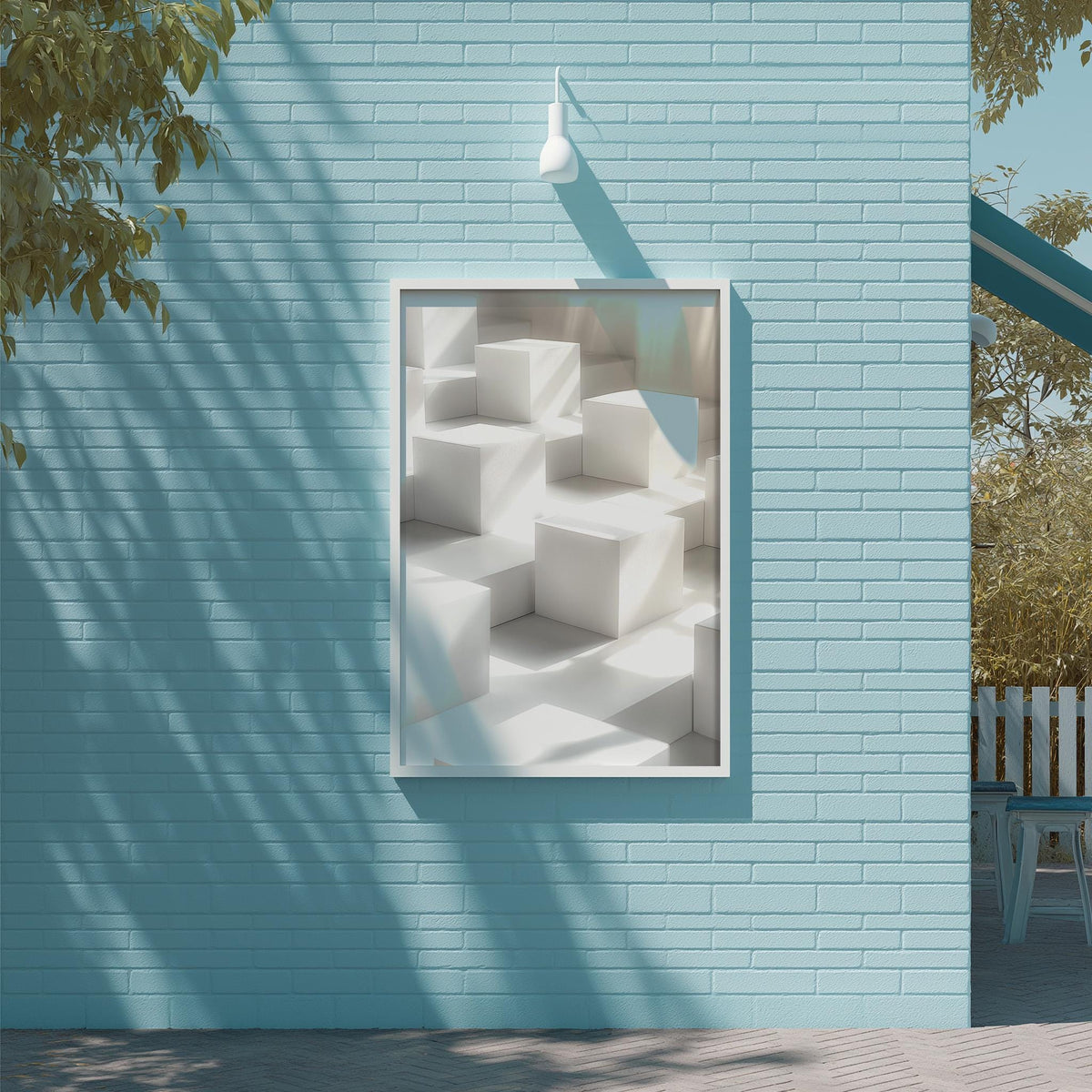 a blue brick wall with a white square frame containing a 3D cube-like pattern.