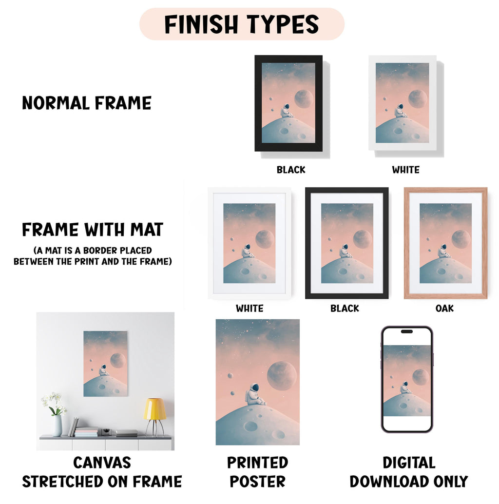 various framed artworks, including a canvas stretched on a frame, a framed poster, and a digital download of a poster. The artworks are labeled with different finish types, such as "NORMAL FRAME", "FRAME WITH MAT", "WHITE", "BLACK", and "OAK". The artworks also feature different color schemes, including a black and white image, a white and black image, and a pink and white image. The artworks are described as "CANVAS STRETCHED ON FRAME", "PRINTED POSTER", and "DIGITAL DOWNLOAD ONLY".