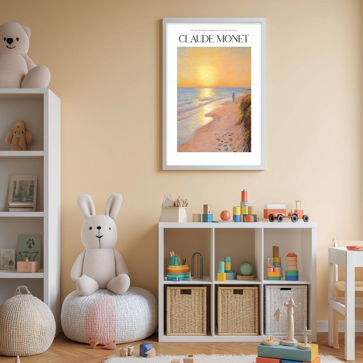 A cozy children's room with a large stuffed bunny, a bookshelf, and a toy chest filled with toys. A framed painting of a beach scene hangs on the wall, and a shelf holds various toys and books.