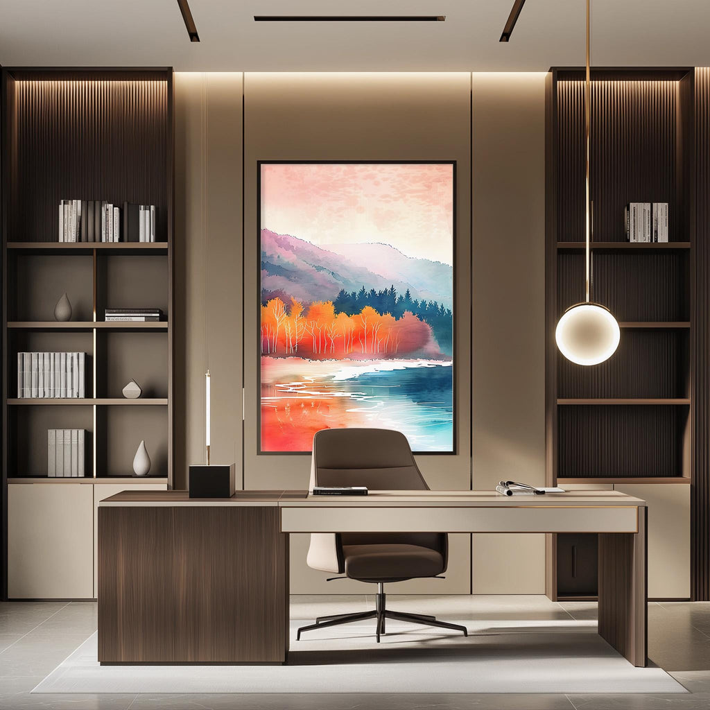 a modern and well-lit office space with a large painting of a landscape hanging on the wall. The office features a wooden desk with a chair, and a bookshelf filled with books. The overall design and decor create a professional and comfortable atmosphere.