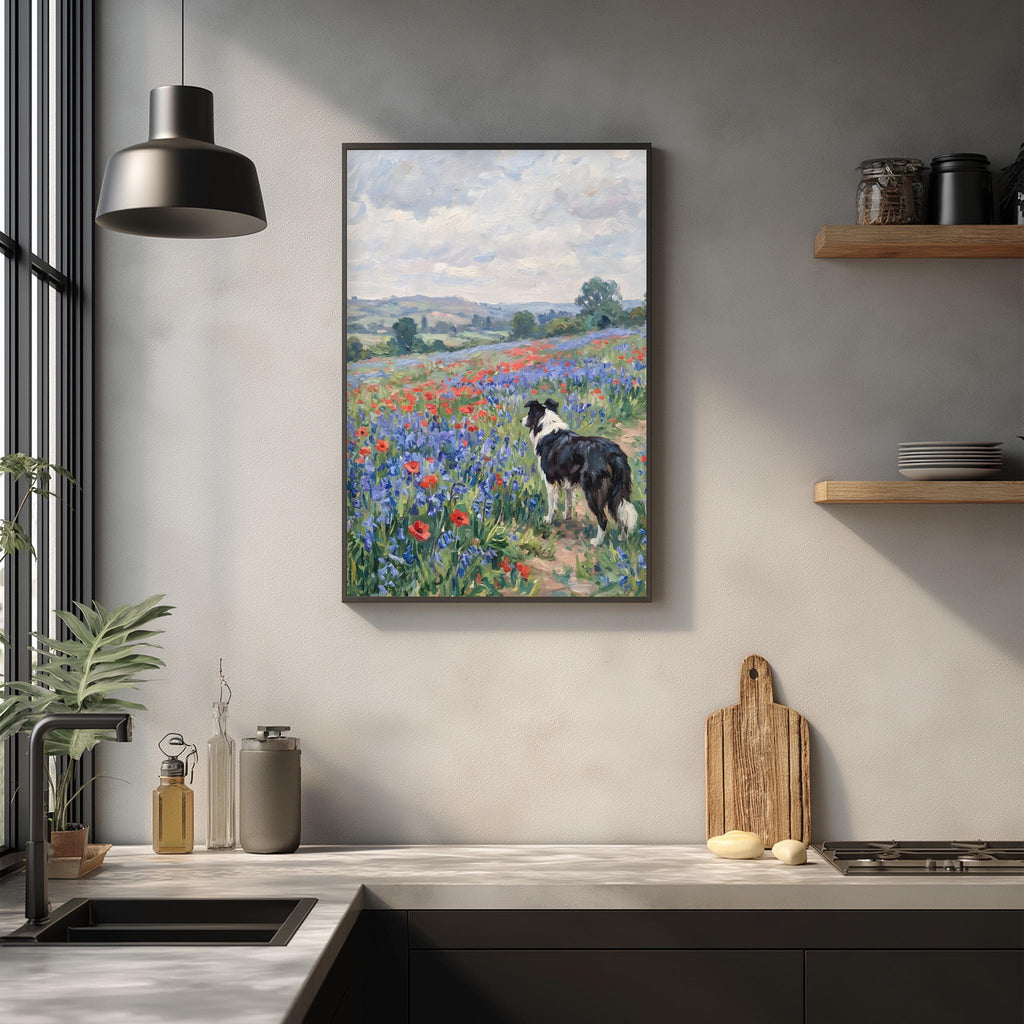 a framed painting of a dog standing in a field of flowers, hanging on a wall above a kitchen counter.