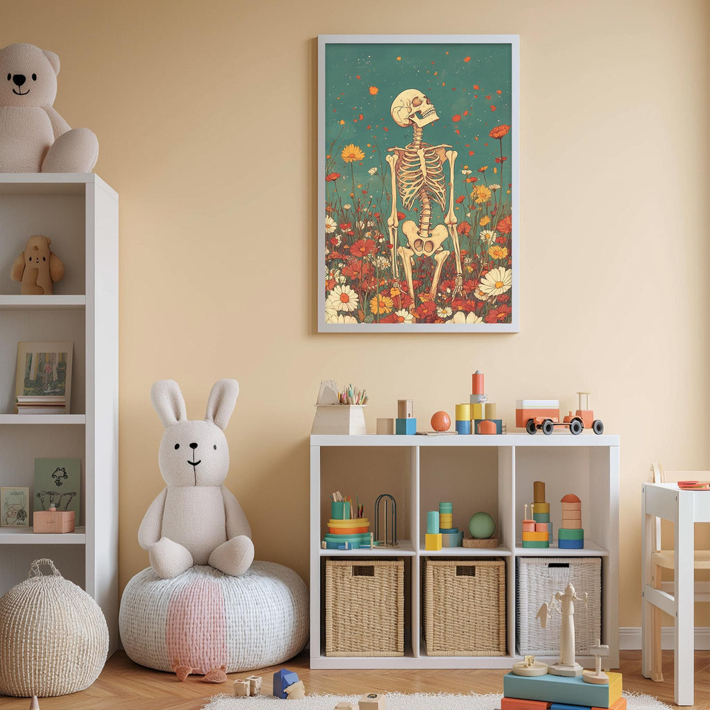 A child's bedroom with a skeleton figure on the wall, a stuffed bunny, a toy train, and a bookshelf filled with toys and books.