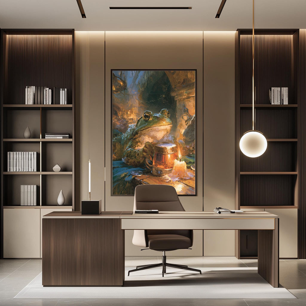 a modern and well-lit office space with a large framed painting of a frog on the wall. The office features a wooden desk, a comfortable chair, and a bookshelf filled with books. The overall design and decor create a professional and inviting atmosphere.