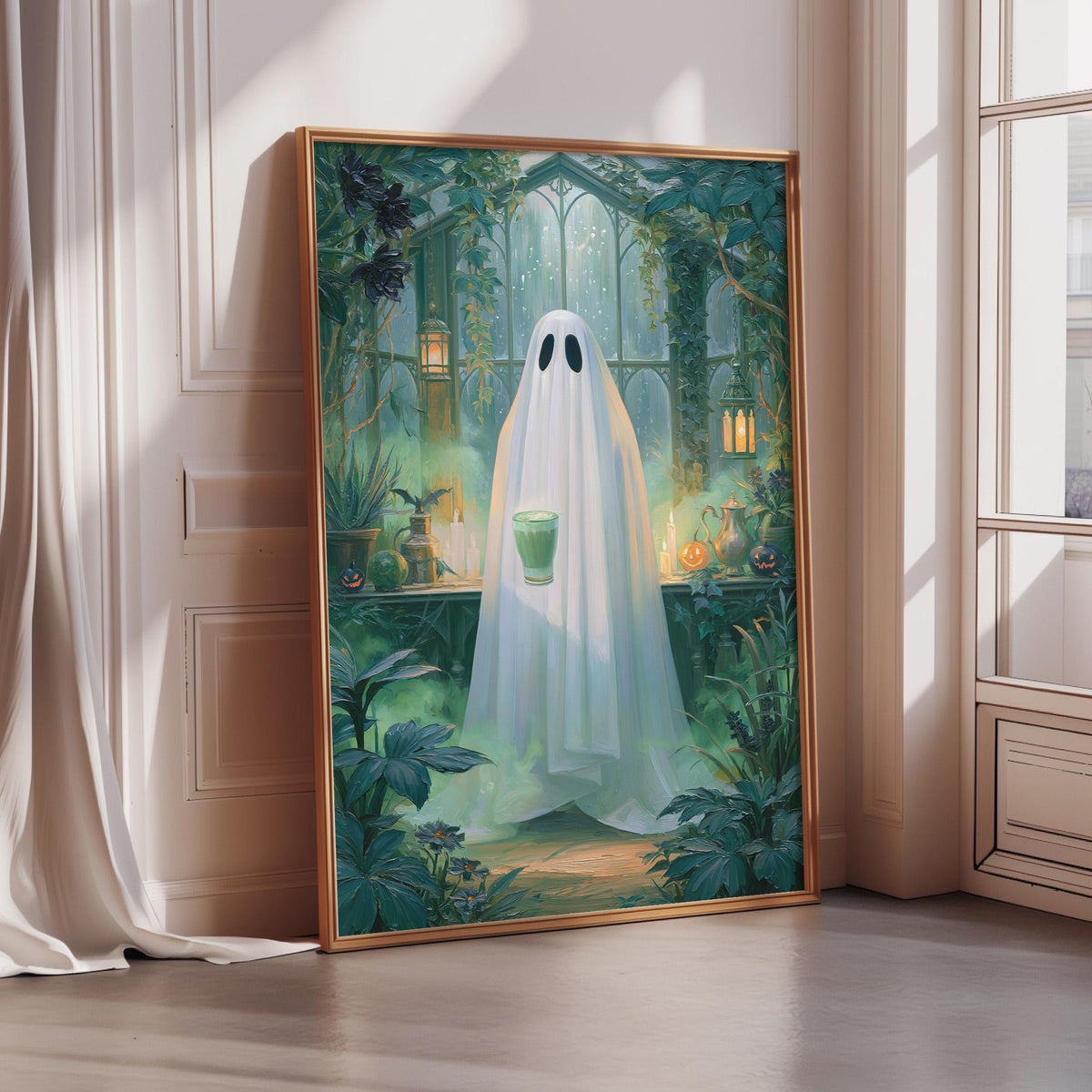 The image is a framed painting depicting a ghost standing in a greenhouse surrounded by plants and flowers.