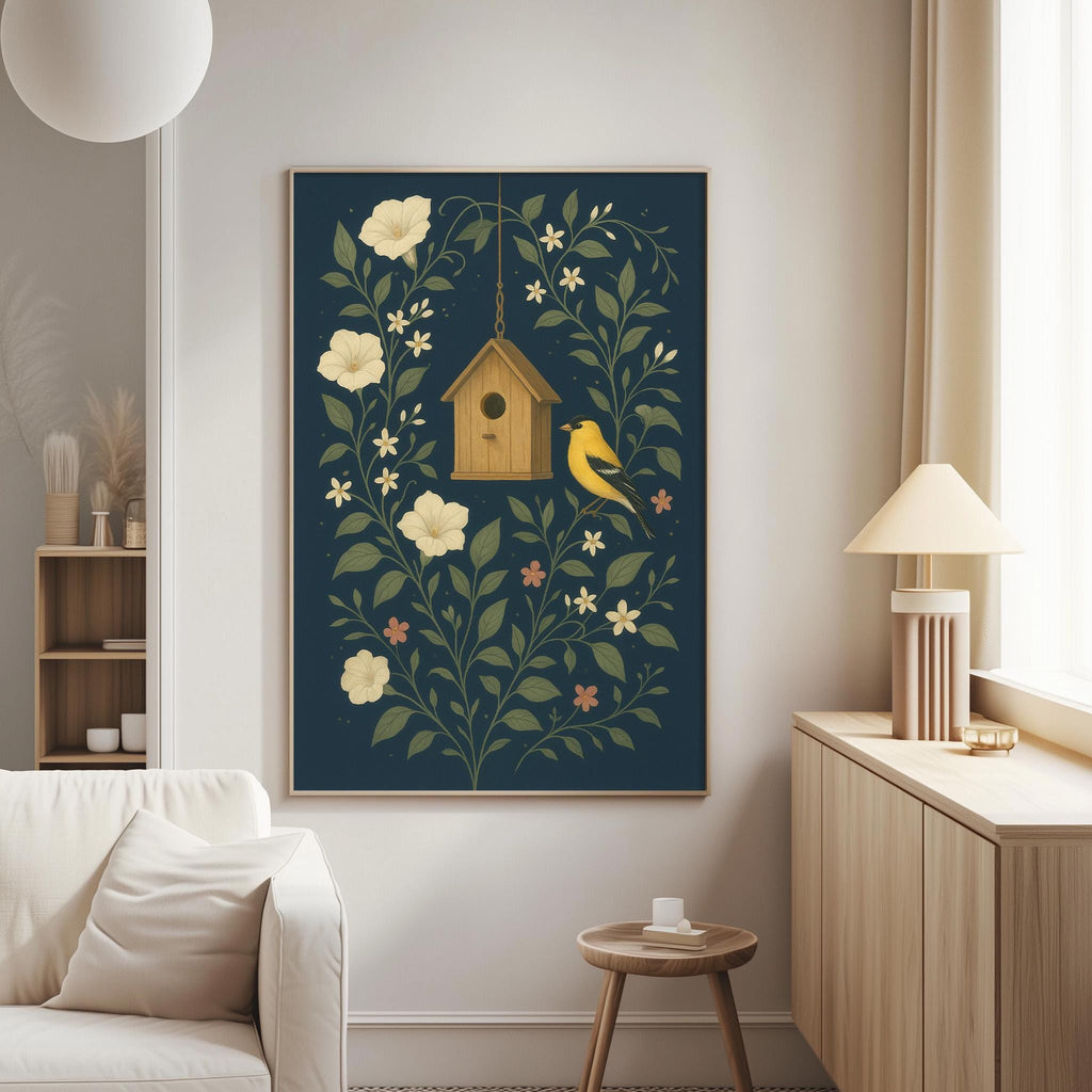 a living room with a large framed picture hanging on the wall, depicting a birdhouse surrounded by flowers and leaves. The room has a white sofa, a wooden side table, and a lamp on a nearby table.