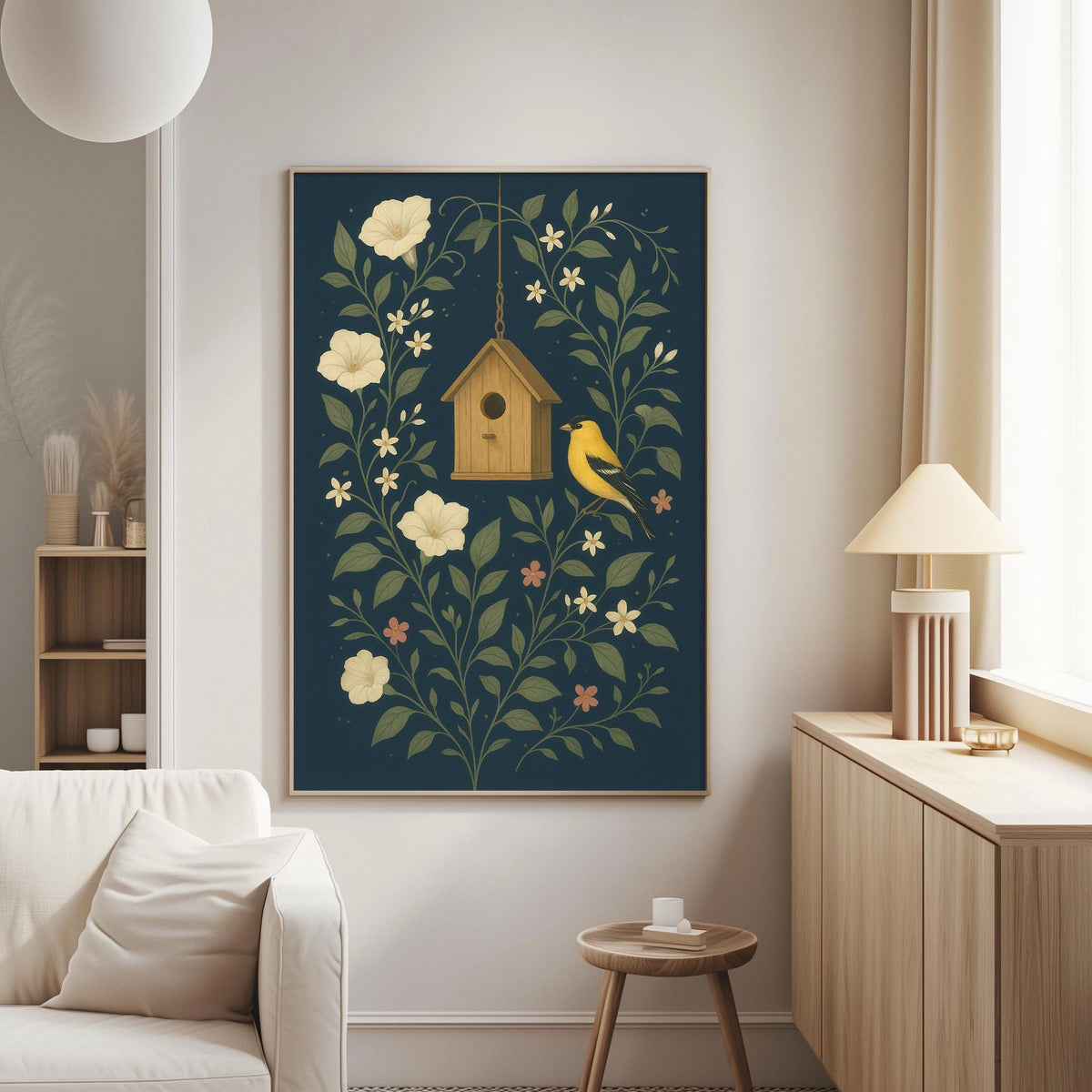 a living room with a large framed picture hanging on the wall, depicting a birdhouse surrounded by flowers and leaves. The room has a white sofa, a wooden side table, and a lamp on a nearby table.