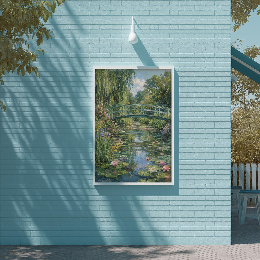 a painting of a bridge over a pond with water lilies, hanging on a blue brick wall.