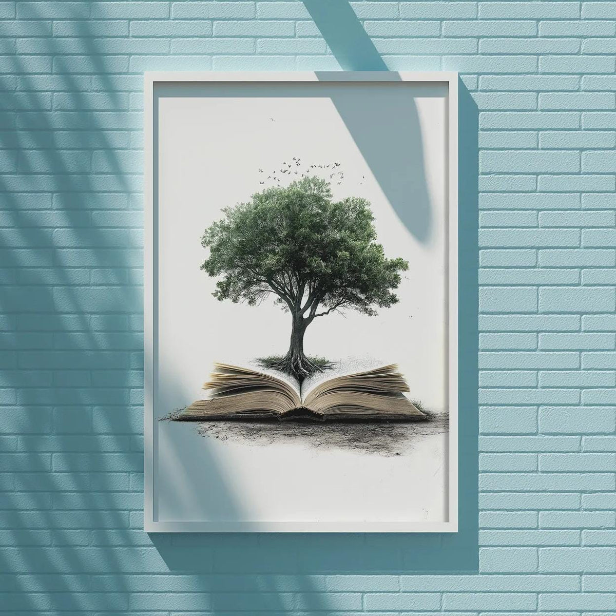 a framed artwork depicting a tree growing out of an open book, set against a blue brick wall.