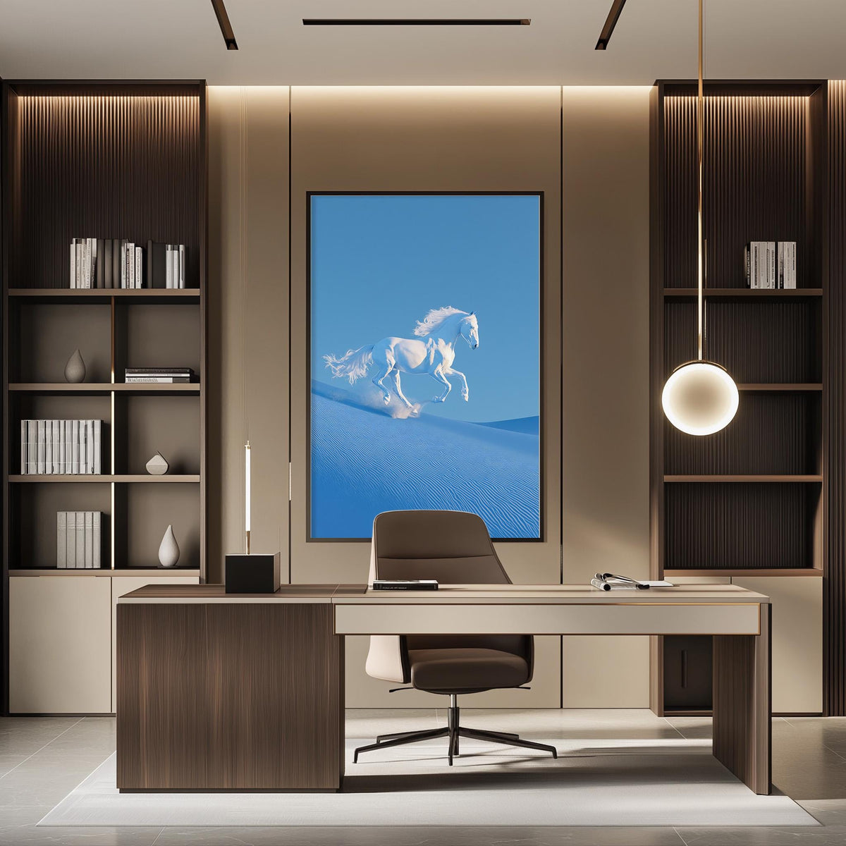 a modern and stylish office space with a large framed artwork of a white horse running on a blue background, situated above a wooden desk with a chair.