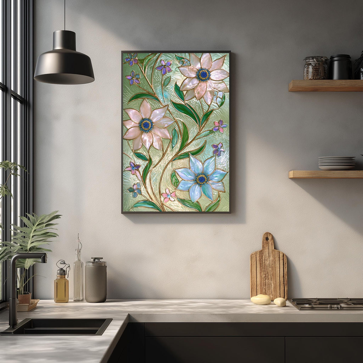 a kitchen counter with a framed painting of flowers hanging above it. The painting has a vibrant green background with pink and blue flowers. On the counter, there are various kitchen items such as a cutting board, a bottle, and a vase. The kitchen also has a window and a potted plant, creating a cozy and inviting atmosphere.