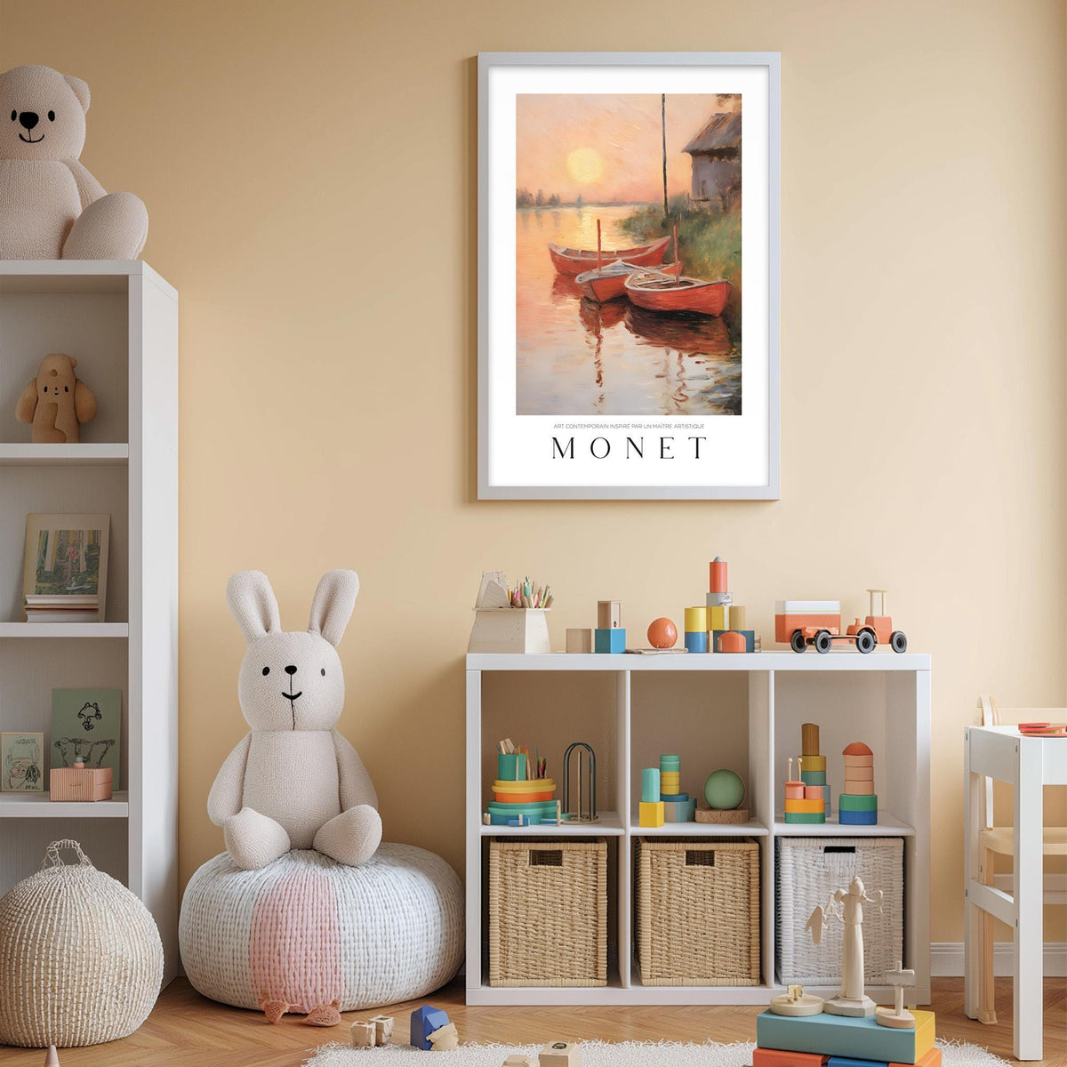 A cozy children's room with a large stuffed bunny, a bookshelf, and a toy chest filled with toys. A framed painting of boats on a lake is hanging on the wall, and a shelf holds various toys and books.