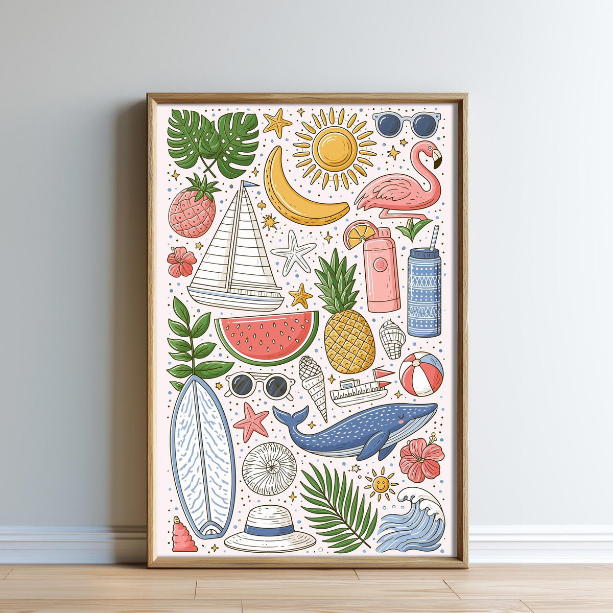 The image is a framed illustration featuring various summer-themed objects and symbols, including a sailboat, banana, flamingo, sunglasses, watermelon, pineapple, beach ball, and more.