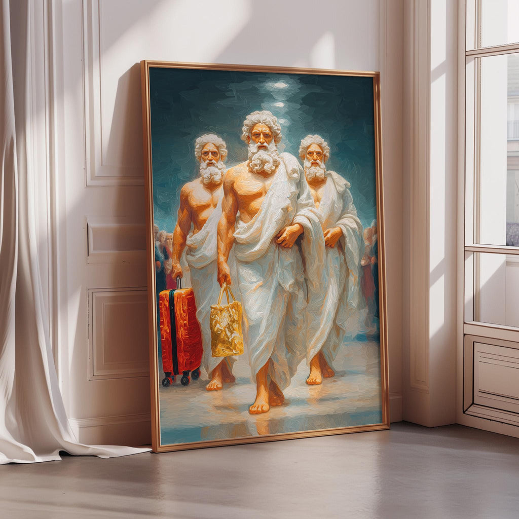 The image is a painting of three bearded men dressed in white robes, each carrying a red suitcase, walking together in a hallway.