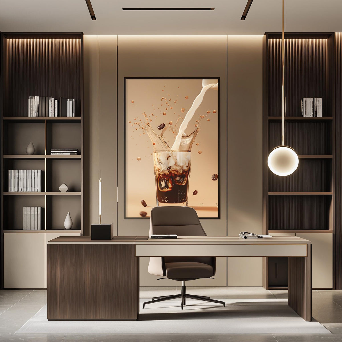 a modern and stylish office space with a large framed artwork of a coffee splash on the wall, a wooden desk with a chair, and built-in bookshelves.