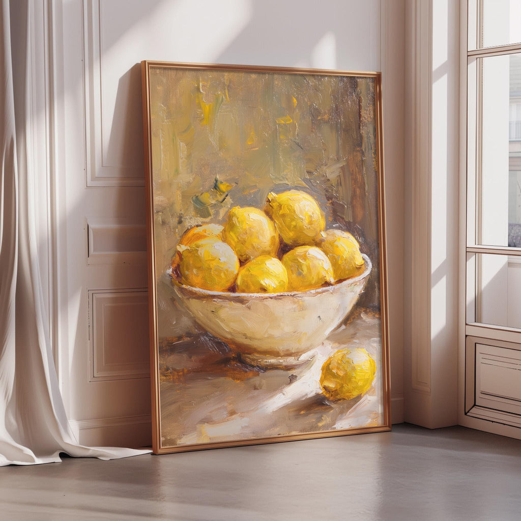 A framed painting depicting a bowl filled with lemons, placed on a table in a room with a window.