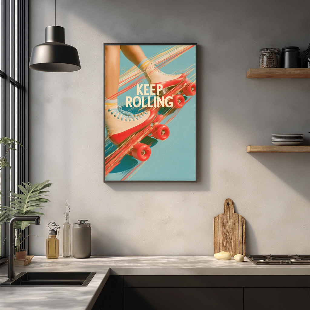a kitchen counter with a framed poster of a person on roller skates above it, along with various kitchen items such as a cutting board, a bottle, and a bowl.