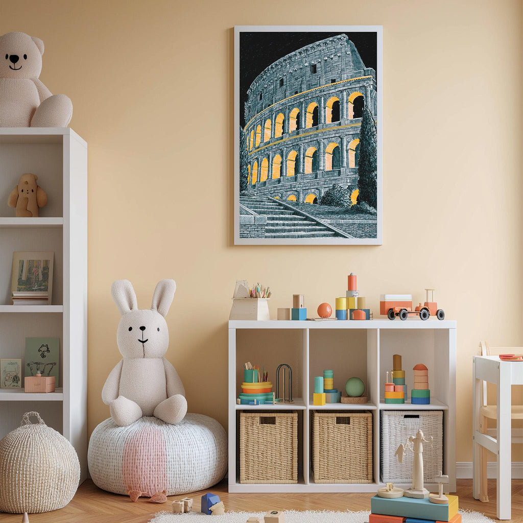 A cozy children's room with a large stuffed rabbit, a bookshelf, and a toy storage unit. A framed picture of the Colosseum is displayed on the wall, and the room is decorated with various toys and storage containers.