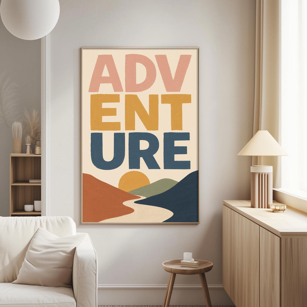 a poster with the phrase "ADVENTURE" in bold letters, hanging on a wall in a living room setting.