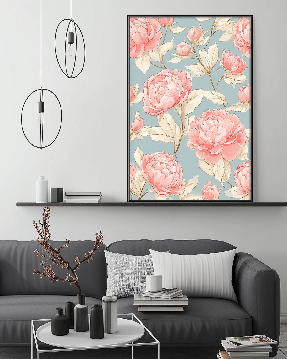 a living room with a gray sofa, a coffee table, and a large floral print hanging on the wall above the sofa.