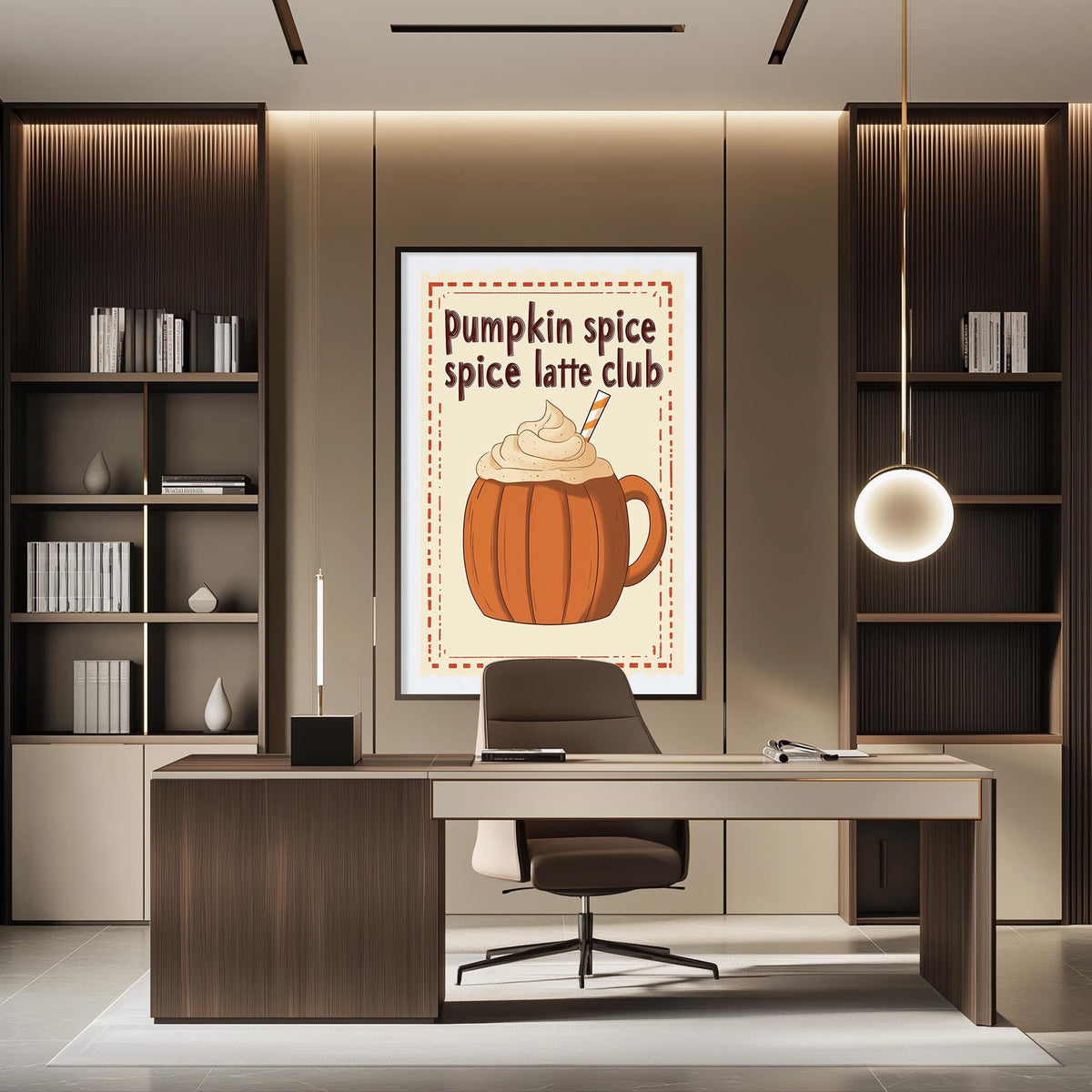 a modern office space with a desk, chair, and bookshelves. There is a framed poster on the wall that says "Pumpkin spice spice latte club".