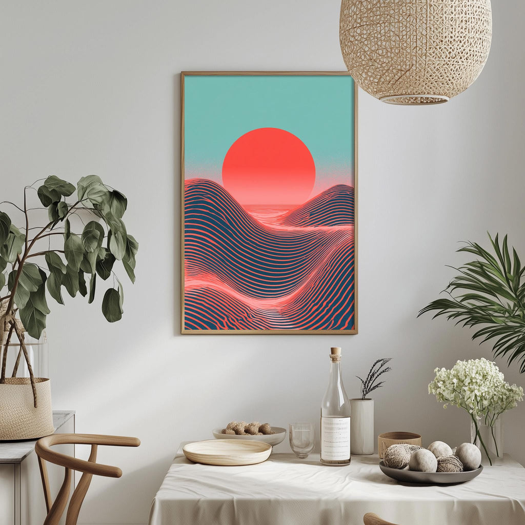 a dining table with a white tablecloth, a bottle, a bowl, and a vase with flowers. Above the table, there is a framed picture of a sunset with a red sun and blue waves. The table is set with various items, including a potted plant, a plant in a vase, and a bowl of fruit.