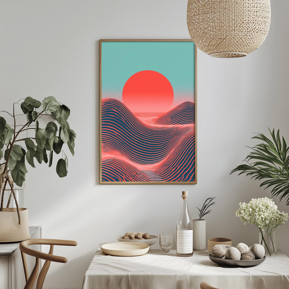 a dining table with a white tablecloth, a bottle, a bowl, and a vase with flowers. Above the table, there is a framed picture of a sunset with a red sun and blue waves. The table is set with various items, including a potted plant, a plant in a vase, and a bowl of fruit.