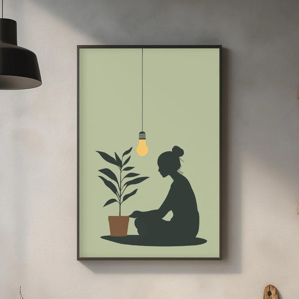 a kitchen scene with a framed illustration of a person sitting on the floor next to a potted plant, hanging on the wall above a countertop with various kitchen items.