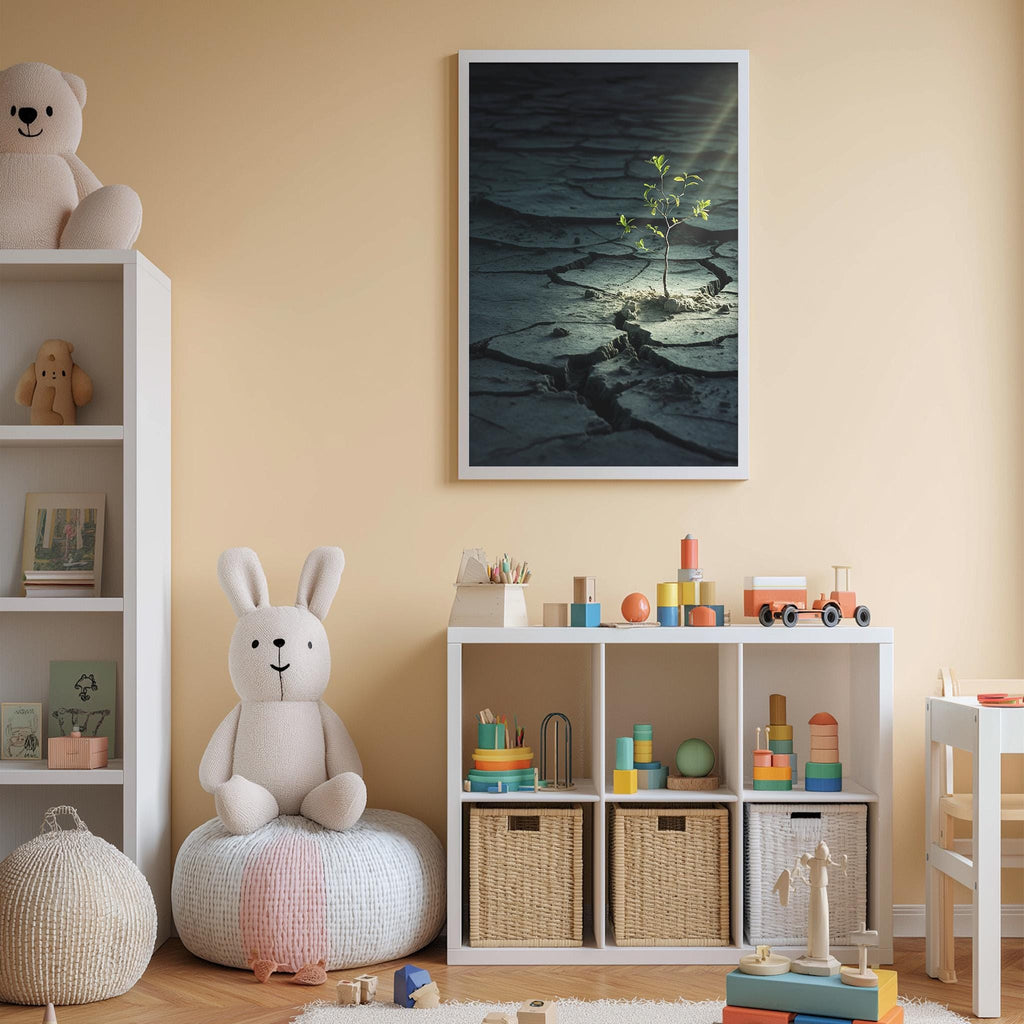 A cozy children's room with a white bookshelf, a plush white bunny, a colorful toy set, and a framed artwork depicting a nighttime landscape with a small tree.