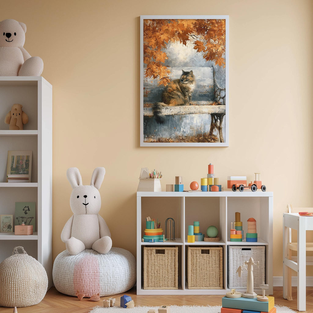 A cozy children's room with a white bookshelf, a stuffed rabbit, and a colorful toy box filled with toys. Above the bookshelf, there is a framed painting of a cat sitting on a bench, surrounded by autumn leaves.