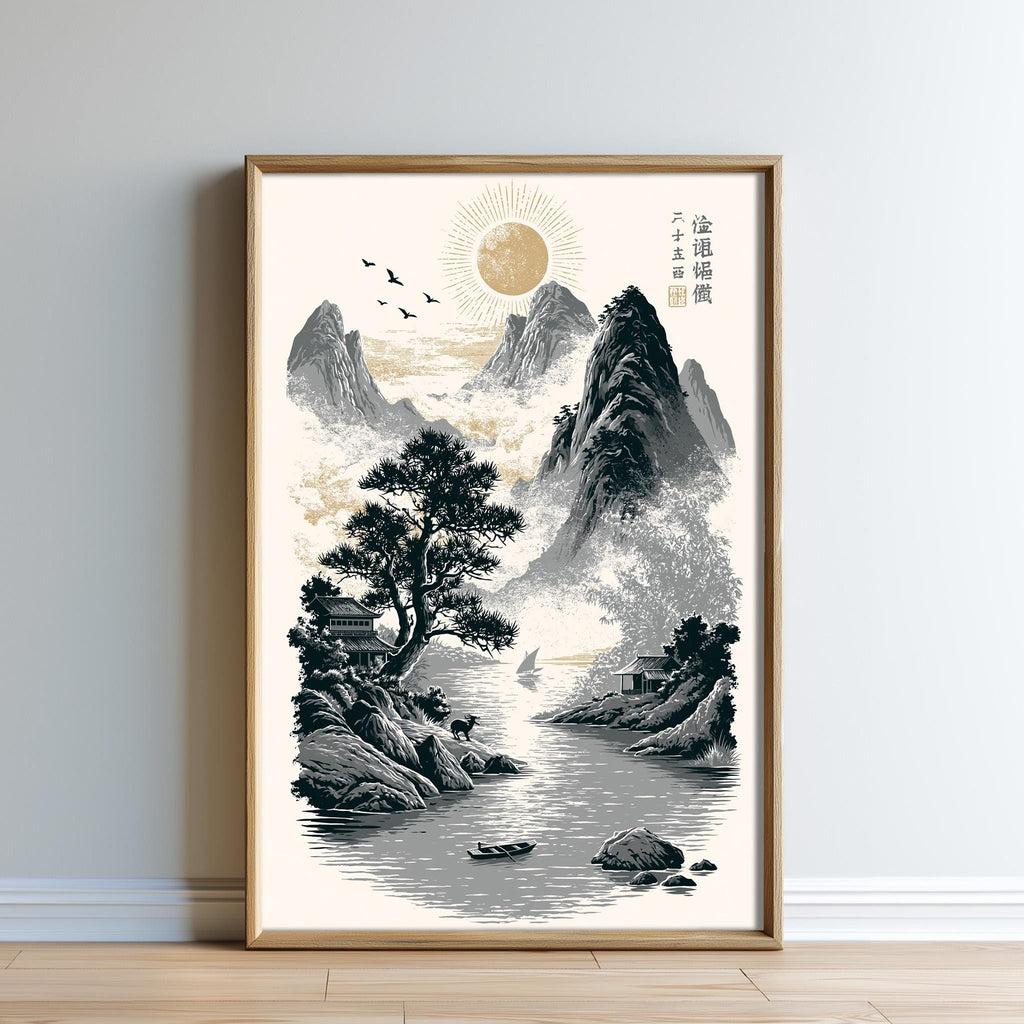 The image is a framed artwork depicting a serene landscape with mountains, a river, and a small boat on the water.