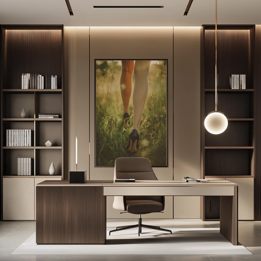 a modern and minimalist office space with a large framed artwork of a woman's legs in the background, a wooden desk, and a comfortable-looking chair.