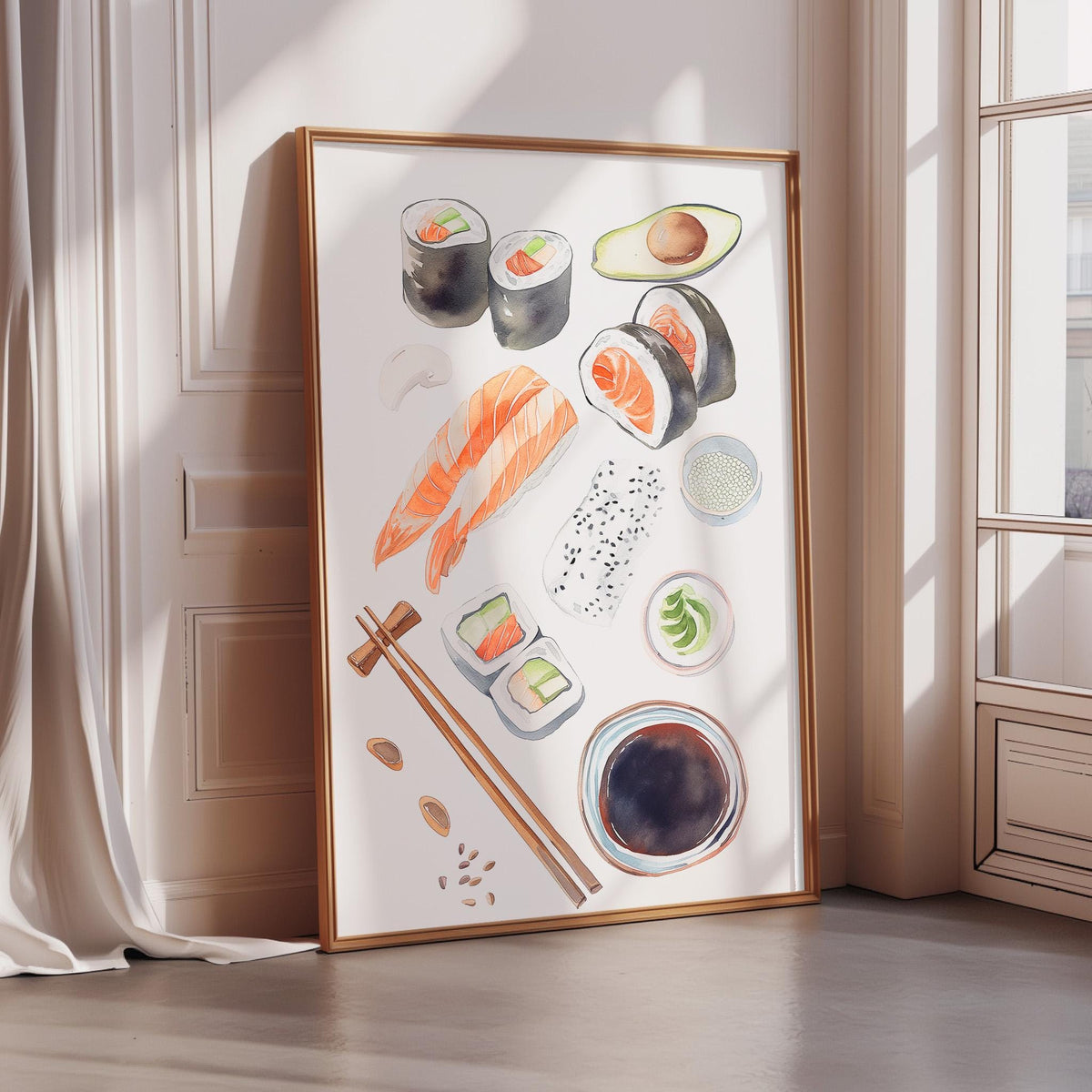 a framed print of various sushi items, including sushi rolls, avocado, and other sushi-related items, displayed on a wall.