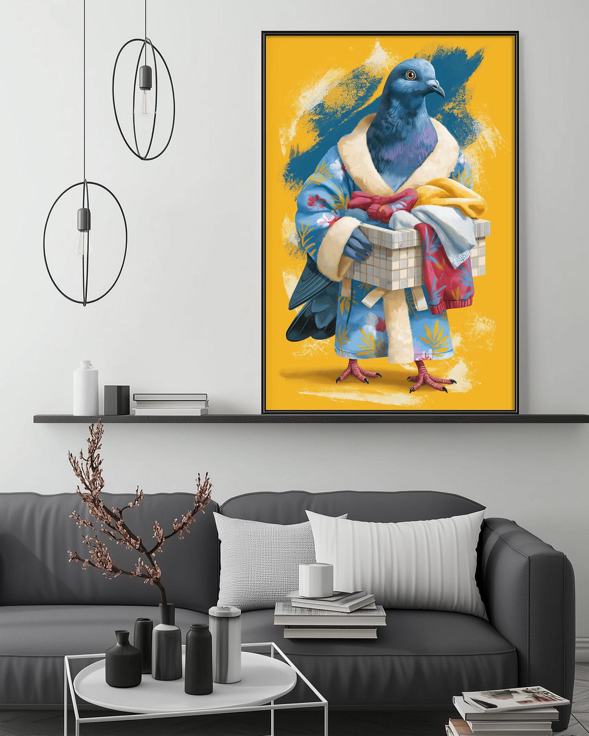 a large, colorful painting of a bird dressed in a robe, holding a basket, and standing on a yellow background. The painting is displayed on a wall above a gray couch, which has a coffee table in front of it. The room also includes a shelf with various decorative items, and a potted plant on the floor.