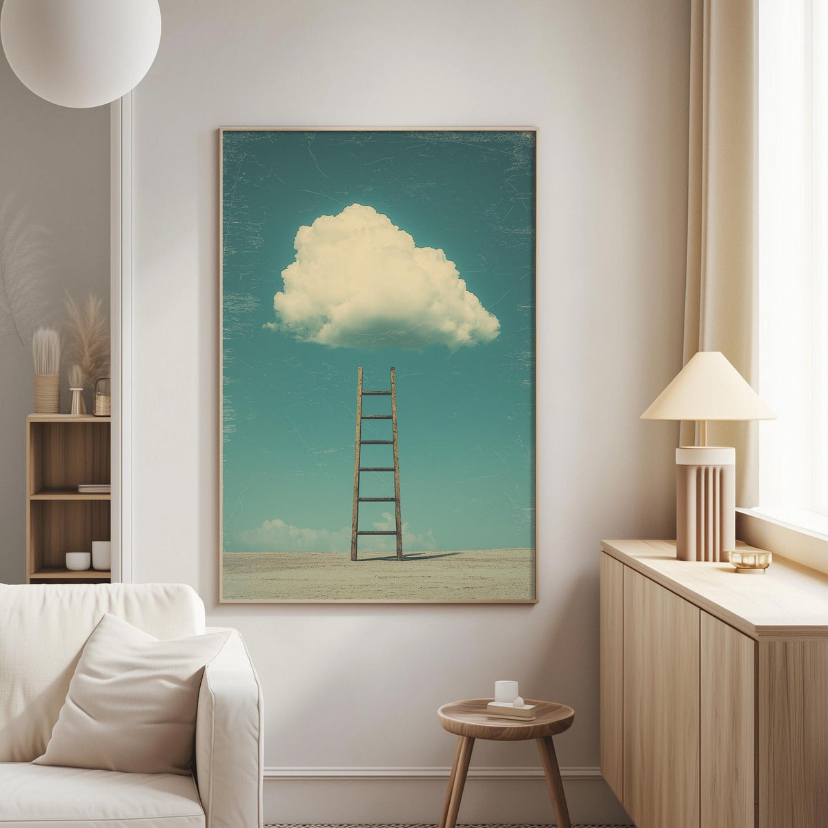 a serene living room with a white sofa, a wooden side table, and a framed picture of a ladder leading up to a cloud in the sky.