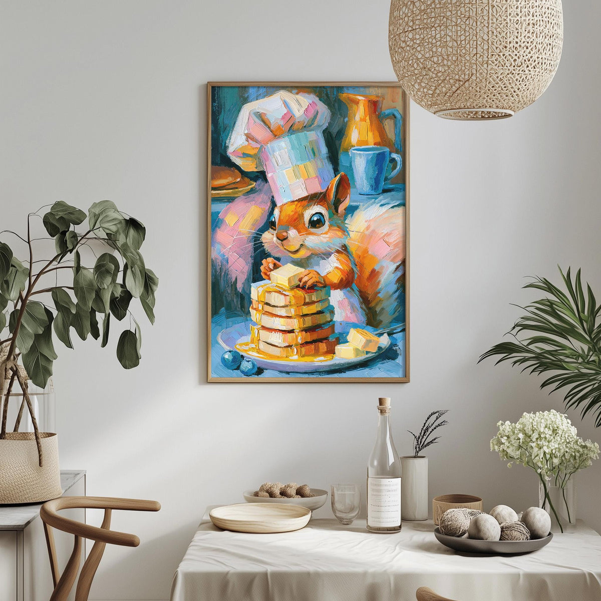 a painting of a squirrel wearing a chef's hat and holding a stack of pancakes, surrounded by various kitchen items and decor.