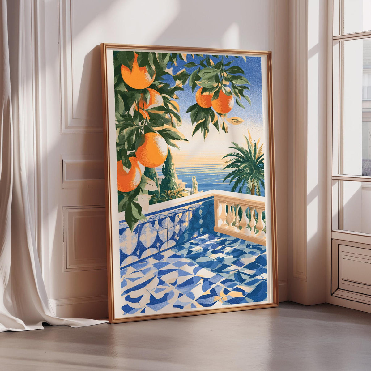 A framed painting depicting a serene balcony overlooking a pool with a tropical landscape, including orange trees and a palm tree.