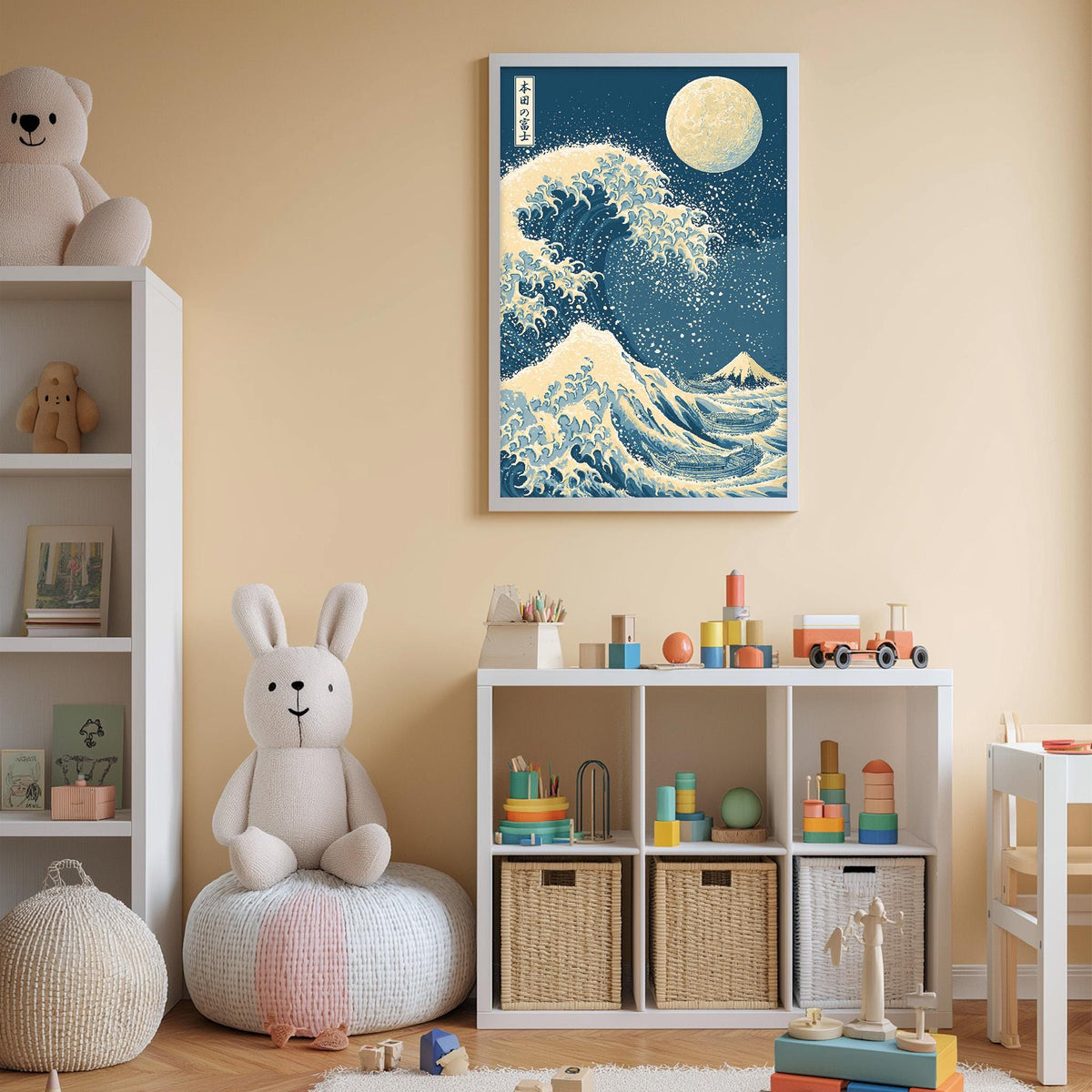 A child's bedroom with a large framed artwork of the famous Japanese wave painting, "The Great Wave off Kanagawa", hanging on the wall. The room is filled with various toys, including a teddy bear, a stuffed rabbit, and a toy train. The overall color scheme of the room is predominantly white and beige, creating a calm and inviting atmosphere.