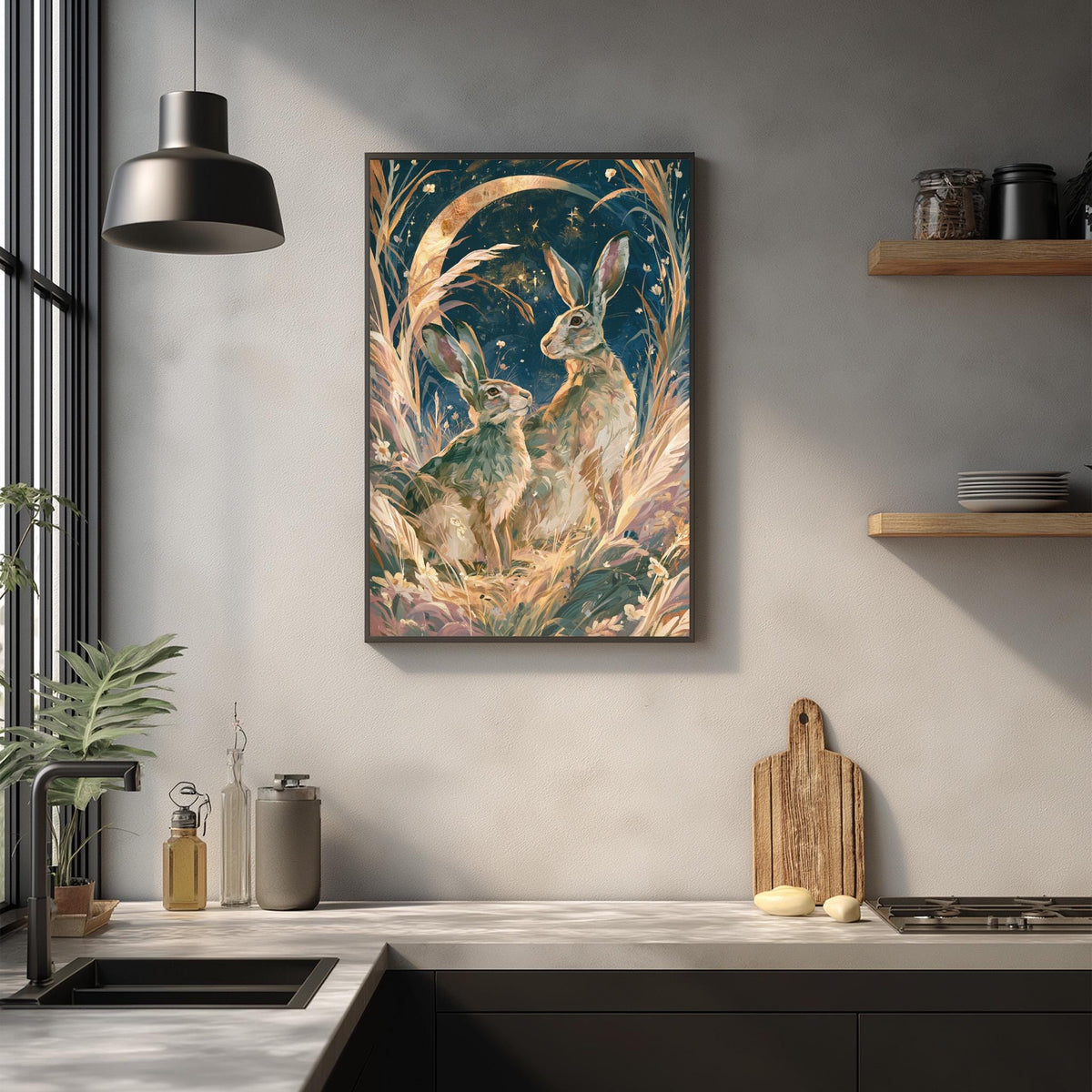 a large, colorful painting of two rabbits in a field, hanging on a wall above a kitchen counter.