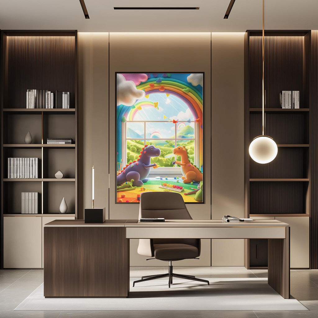a modern office space with a large, colorful painting of a unicorn and a dragon on the wall. The painting is surrounded by bookshelves and a desk with a chair.