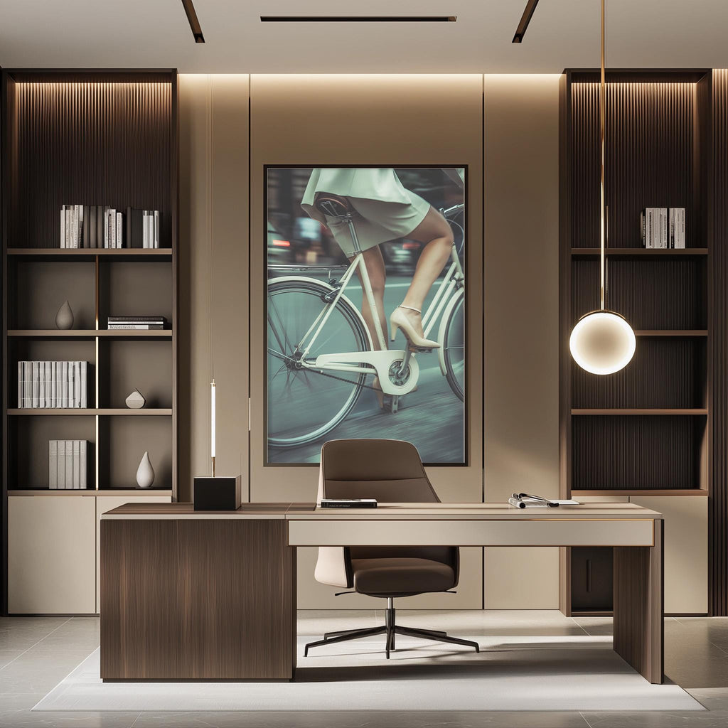 a modern office space with a large framed photograph of a woman riding a bicycle as the focal point. The office has a wooden desk, a comfortable-looking chair, and a bookshelf filled with books. The overall design and decor create a stylish and contemporary atmosphere.