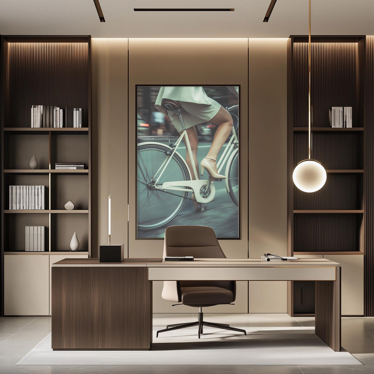 a modern office space with a large framed photograph of a woman riding a bicycle as the focal point. The office has a wooden desk, a comfortable-looking chair, and a bookshelf filled with books. The overall design and decor create a stylish and contemporary atmosphere.