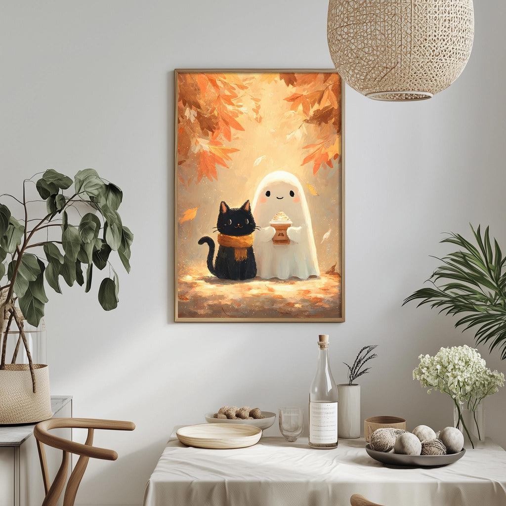a cozy dining scene with a framed painting of a black cat and a ghost, a table set with plates and a vase, and a potted plant in the background.